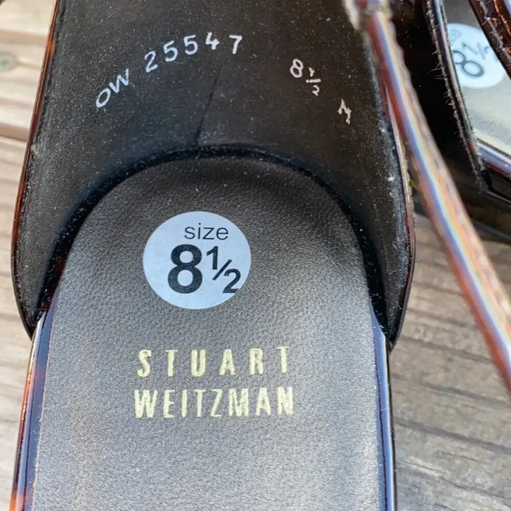 New Stuart Weitzman Brown Patent Leather Open Toe Strappy Wedge Sandals 8 1/2 M - Picture 10 of 11